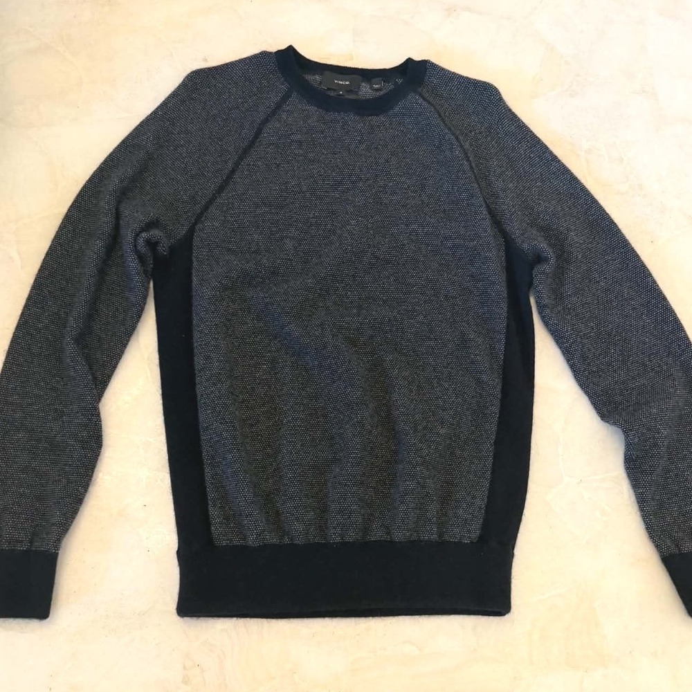 Vince Mens Navy Blue Gray Birdseye Knit Raglan Crewneck Sweater Size M